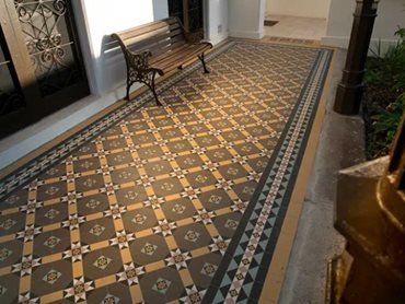 Tessellated Tile Factory was tasked with restoring and recreating this tessellated design, including the hand-printed encaustic tiles