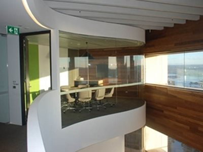 commercial interior meeting room curved glass wall