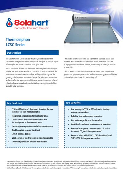 The Solahart Thermosiphon LCSC Series