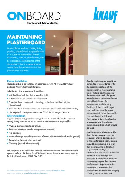 Knauf - Technical Newsletter for Maintaining Plasterboard