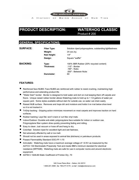 Waterhog Classic No.200 Material Safety Data Sheet